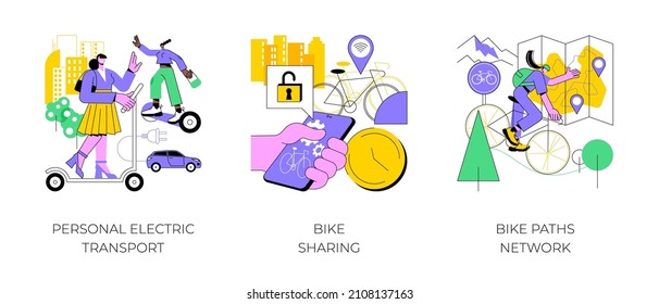 Urban transportation abstract concept vector illustration set. Personal electric transport, bike sharing, bike paths network, scooter rental application, book ride online, city map abstract metaphor.