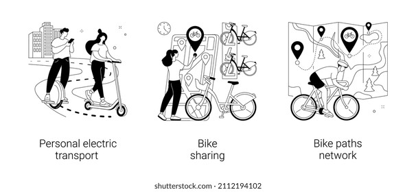 Urban transportation abstract concept vector illustration set. Personal electric transport, bike sharing, bike paths network, scooter rental application, book ride online, city map abstract metaphor.