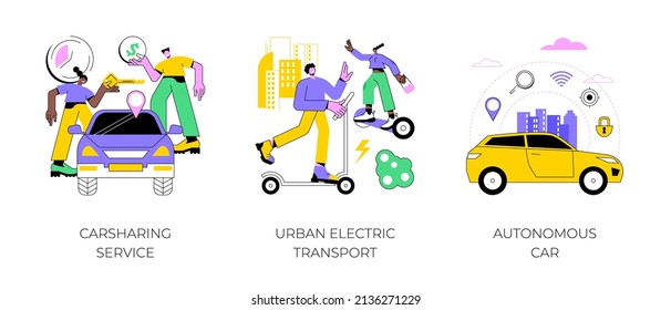 Urban transportation abstract concept vector illustration set. Carsharing service, urban electric transport, autonomous car, rental service, city lifestyle, self-driving vehicle abstract metaphor.