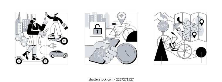 Urban transportation abstract concept vector illustration set. Personal electric transport, bike sharing, bike paths network, scooter rental application, book ride online, city map abstract metaphor.