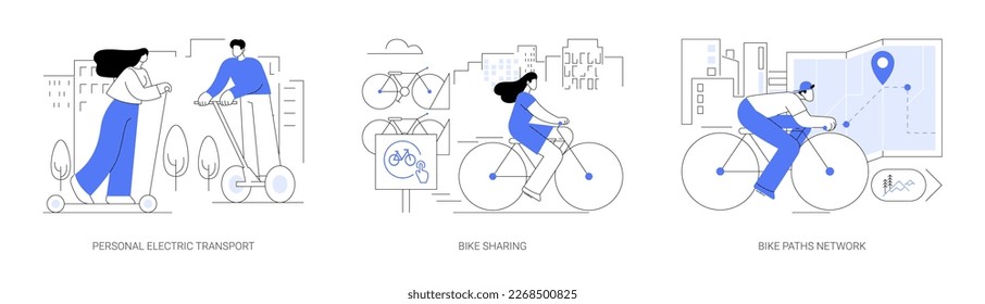 Urban transportation abstract concept vector illustration set  Personal electric transport  bike sharing application  cycling path network  city map  eco  friendly traffic abstract metaphor 