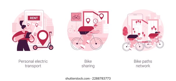 Conjunto de ilustraciones vectoriales abstractas del concepto de transporte urbano. Transporte eléctrico personal, aplicación para compartir bicicletas, red de rutas ciclistas, mapa de la ciudad, metáfora abstracta de tráfico amigable con el medio ambiente.