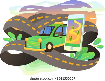 
Urban transportation by car, Google maps as car vehicle sharing application on mobile or mobile vector illustration, flat cartoon smartphone with city and highway maps, car rental, internet taxi