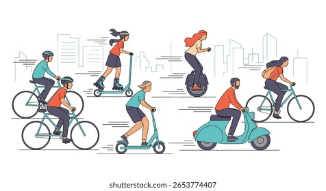 Urban transportation diversity cyclists electric scooters monowheel riders and moped enthusiasts on city streets