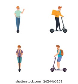 Urban transportation icons set cartoon vector. People riding electric scooter. Ecology transport