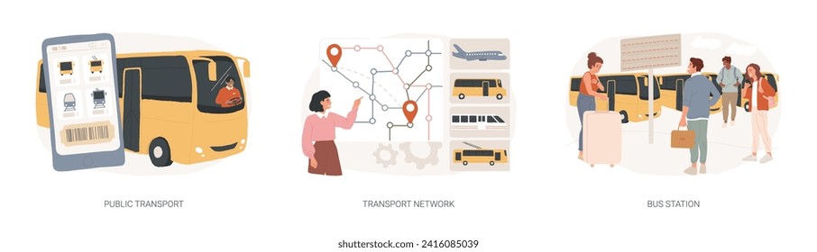 Conjunto de ilustraciones vectoriales de transporte urbano aislado. Transporte público, red de transporte, estación de autobuses, compra de billetes, tráfico de coches, ciudad inteligente, hora punta, concepto de vector de pasajeros.