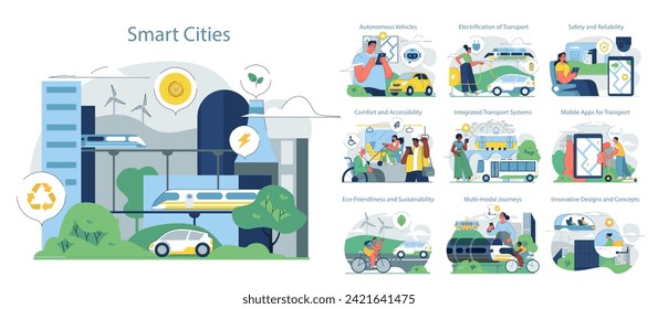 Urban Transportation Methods set. Diverse mobility options in city life. Integration of eco-friendly vehicles and public transport. Navigation through tech advancements.