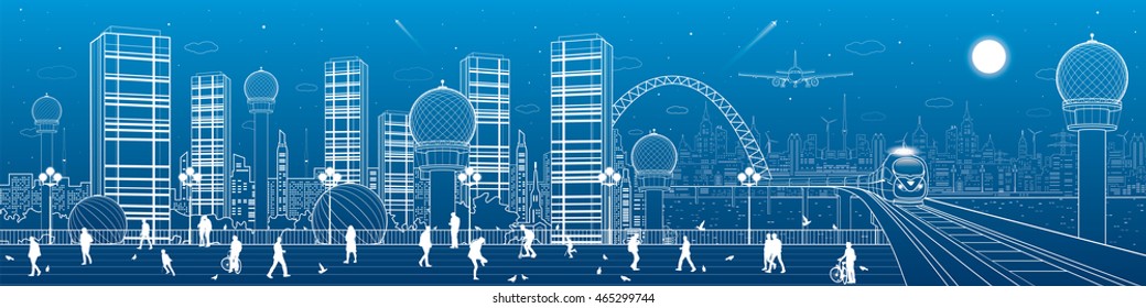 Urban and transportation panorama, office buildings and towers, train rides on the bridge, people walk on the square, city infrastructure, neon town, airplane fly, vector design art