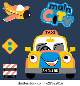 urban transportation, plane and funny taxi with road sign, vector cartoon illustration