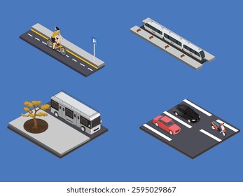 Urban Transportation Scene with Bicycle Lane, Train, Bus, and Parking Lot 3d flat vector illustrations
