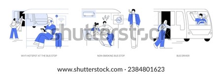 Urban transportation services abstract concept vector illustration set. Wi-Fi hotspot at the public transport stop, non-smoking public area, bus driver greeting passengers abstract metaphor.