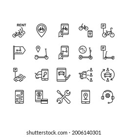 Urban transportation sharing flat line icons set. Car, bike and electric scooter rental, sharing service, parking, eco transport, pointer. Simple flat vector illustration for store, web site