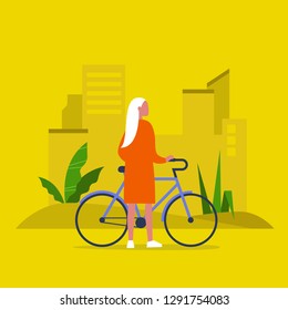 Urban transportation. Young female character standing with a bike. Healthy lifestyle. Flat editable vector illustration, clip art