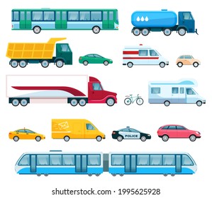 Urban transports. Bus taxi police car, passenger van, truck and train. Flat transportation, public vehicle, city transport vector set. Municipal and commercial isolated transport