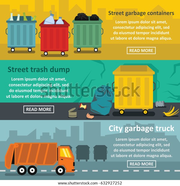 Urban trash work banner horizontal concept set. Flat\
illustration of 3 urban trash work vector banner horizontal\
concepts for web