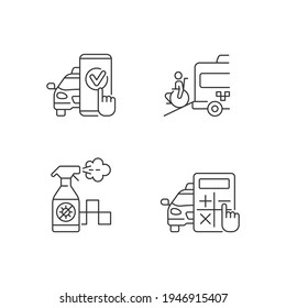 Urban travelling issues linear icons set. Regularly disinfected transport. Wheelchair van available. Customizable thin line contour symbols. Isolated vector outline illustrations. Editable stroke