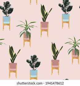 Urban tropical seamless pattern, trendy home decor with plants, branch, flowers, tropical leaves in stylish planters and pots illustration.