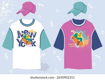 
Urban t-shirt skateboard New York design with skater printable illustration. Vector color tshirt fashion clothes for cute skaters with street style typography isolated for design