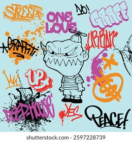 Urban typography graffiti little monster. Abstract bright graffiti pattern. Paint drips, words in graffiti style. Graphic urban design for textiles, sportswear, prints.