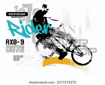 Urban typography hipster street art, freestyle slogan, biker freestyle design, bmx rider in abstract sport illustration, t shirt graphics print vector design, graffiti slogan print.eps8