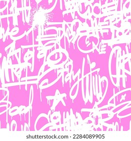 Urban typography seamless pattern with street art graffiti slogan print. Abstract graphic underground  design for t-shirts and sweatshirt in bright neon pink colors.