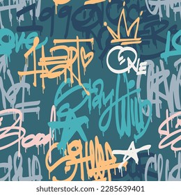 Urban typography seamless pattern with street art graffiti slogan print. Abstract graphic underground unisex design for t-shirts and sweatshirt for teenagers. Green Blue color palette.