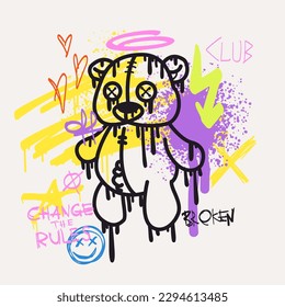 Slogan de tipografía urbana Cambiar las reglas y muñeca de oso con efecto spray. Grafiti de Groovy Street impreso con el corazón para camiseta o sudadera. Resumen de diseño unisexo subterráneo gráfico