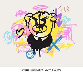 Urban typography slogan Change the Rules and bear doll with spray effect. Groovy Street art graffiti print with hearts for t shirt or sweatshirt. Abstract graphic underground unisex design