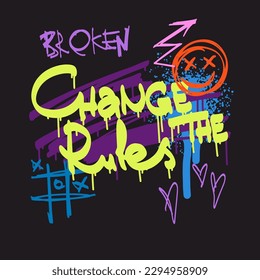 Urban typography slogan Change the Rules with spray effect. Street art graffiti print for t shirt or sweatshirt. Abstract graphic underground unisex design in bright neon colors