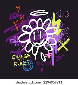 Urban typography slogan Change the Rules with spray effect. Groovy Street art graffiti print with hearts and funny happy daisy for t shirt or sweatshirt. Abstract graphic underground unisex design