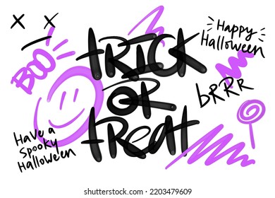 Urban typography street art graffiti. Trick or treat slogan with spray splash effect. Halloween party concept. Print for graphic tee t shirt or sweatshirt. 1980s-1990s vintage style.