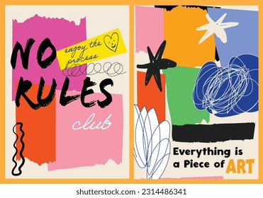 Urban typography street art graffiti style No rules slogan print with scribbles and paper cut out collage art for graphic t-shirt, poster, cards. 