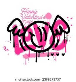 Urban typography street art graffiti slogan print LOVE with cupid winged emoticon with spray effect for graphic tee t shirt or sweatshirt. Happy valentines day collage. 90s vintage Vector Illustration