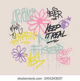 Urban typography street art graffiti slogan and elements print with spray splash effect for graphic tee t shirt or sweatshirt hoodie - Vector