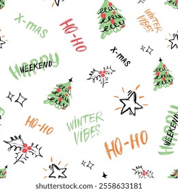Urban typography street art style Christmas seamless pattern. Graffiti print with text Holidays girl, winter vibes, ho-ho, fir tree illustration, star, sketch heart, berries brunch. New year wrapping 