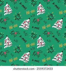 Urban typography street art style Christmas seamless pattern. Graffiti print with text Holidays girl, winter vibes, ho-ho, fir tree illustration, star, sketch heart, berries brunch. New year wrapping 