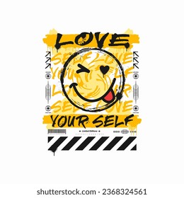 Urban typography street wear,love yourself, print with spray effect and smile icon for graphic tee t shirt or sweatshirt .