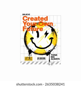 Urban typography street wear,print with spray effect and smile icon for graphic t shirt.
