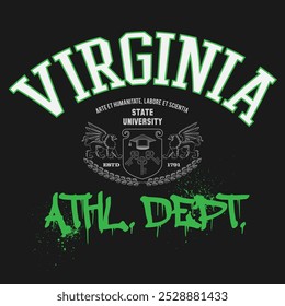 Tipografia urbana e tipografia vintage do colégio Virginia Athl. Impressão de slogan do Depto. para camiseta em T gráfica ou moletom - Vetor