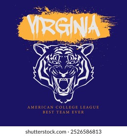 Urban typography and vintage typography with tiger head college varsity Virginia slogan print for graphic tee t shirt or sweatshirt - Vector