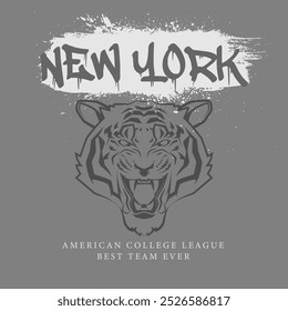 Tipografía Urbana y tipografía vintage con cabeza de tigre universitario universitario Nuevo York eslogan impresión para camiseta gráfica o sudadera - Vector