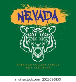 Tipografia urbana e tipografia vintage com cabeça de tigre faculdade varsity Nevada slogan print para camiseta ou moletom gráfico - Vetor