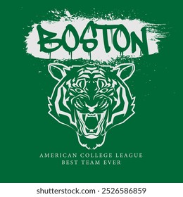 Urban typography and vintage typography with tiger head college varsity Boston slogan print for graphic tee t shirt or sweatshirt - Vector