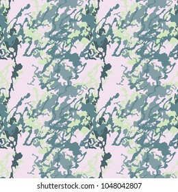 Urban UFO camouflage in pastel tones of purple, blue and green colors. Seamless glamour camo pattern for women.  Unusual military background. Vector illustration or backdrop, or cloth print