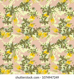Urban UFO camouflage in pastel tones of green ans pink and bright yellow colors. Seamless repeat camo pattern. Unusual glamour military background. Vector illustration, backdrop, cloth print 