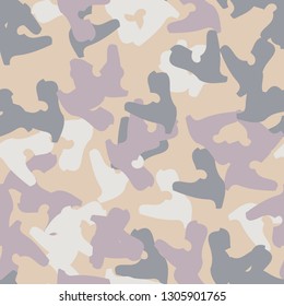 Urban UFO camouflage of various shades of beige, blue, purple and white colors. It is a colorful seamless pattern that can be used as a camo print for clothing and background and backdrop or wallpaper