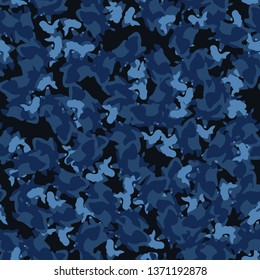 Urban UFO camouflage of various shades of blue colour. It is a colorful seamless pattern that can be used as a camo print for clothing and background and backdrop or computer wallpaper