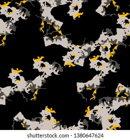 Urban UFO camouflage of various shades of grey, black and yellow colors. It is a colorful seamless pattern that can be used as a camo print for clothing and background and backdrop or wallpaper