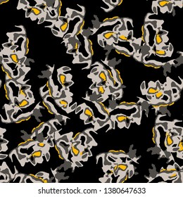Urban UFO camouflage of various shades of grey, black and yellow colors. It is a colorful seamless pattern that can be used as a camo print for clothing and background and backdrop or wallpaper
