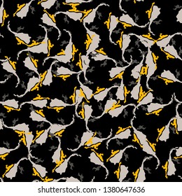 Urban UFO camouflage of various shades of grey, black and yellow colors. It is a colorful seamless pattern that can be used as a camo print for clothing and background and backdrop or wallpaper